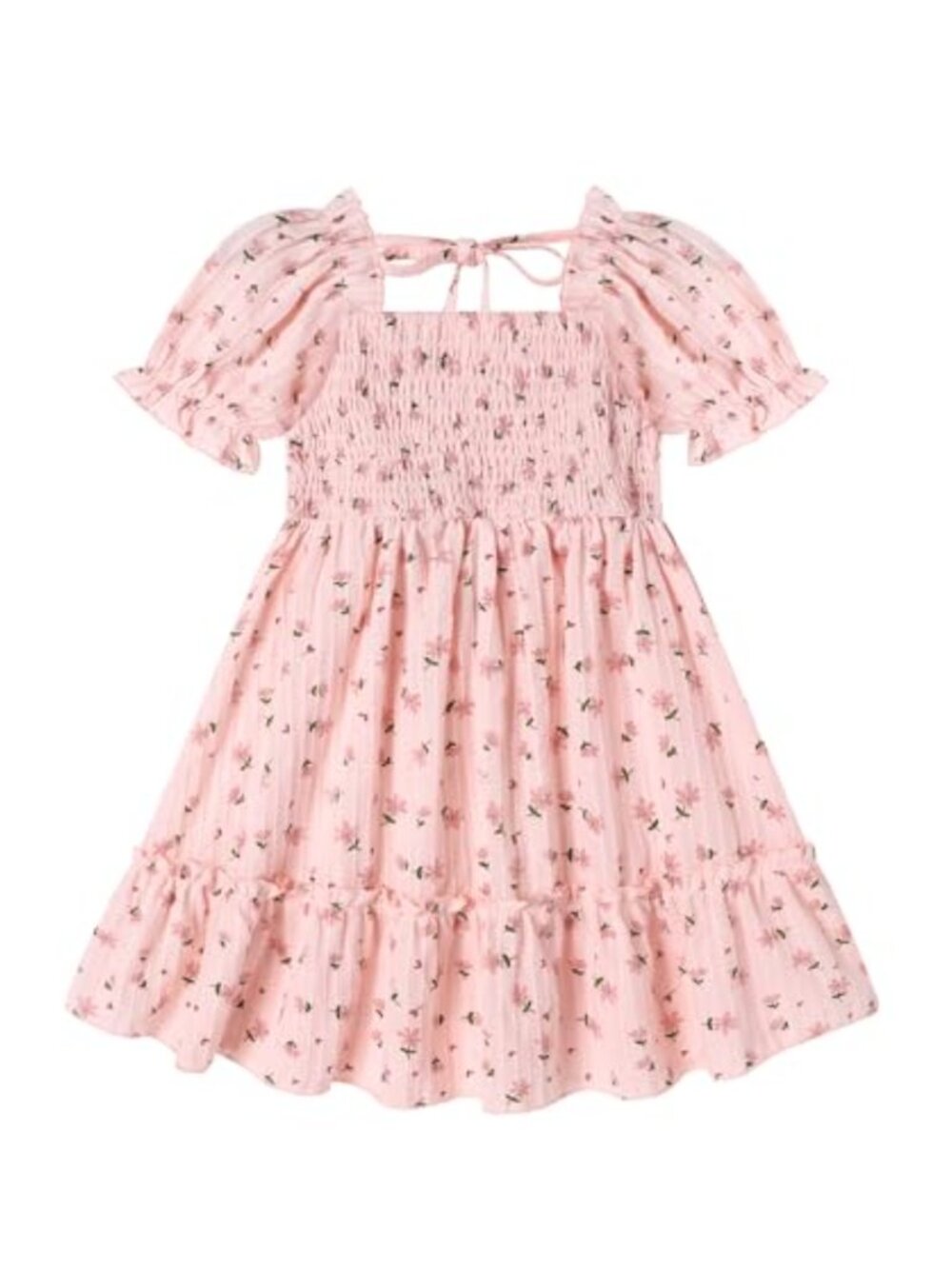 Girls Floral Puff Sleeve Smocked Cotton Dress with Back Tie